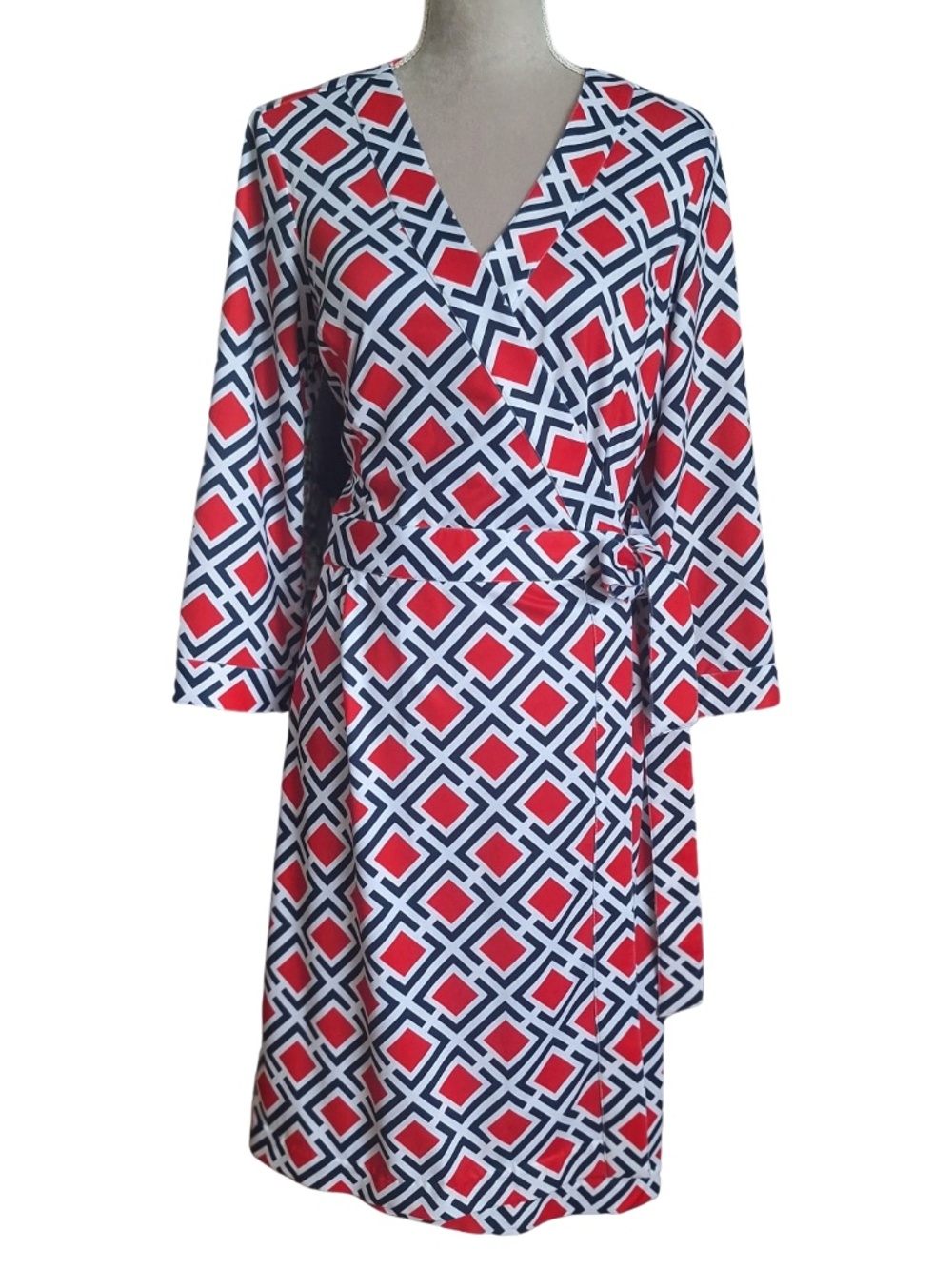 Elizabeth McKay M Geometric Wrap Dress Red Navy 3/4 Sleeve V-Neck Belted